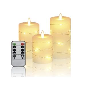 3 Piece Set 8cm Diameter Real Wax LED Battery Candles with Fairy Lights