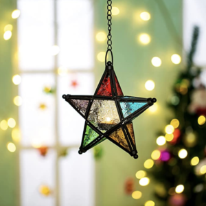 Moroccan Star Metal Coloured Glass Hanging Tea Light Lantern