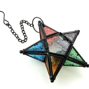Moroccan Star Metal Coloured Glass Hanging Tea Light Holder / Lantern