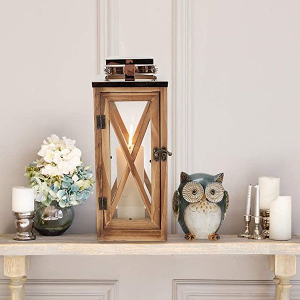 2 Pcs Wooden Candle Lantern with Stainless Top and Glass