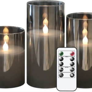 Grey Glass 7.5cm Diameter Real Wax LED Battery Candles Set with Remote - 3 Piece Pack