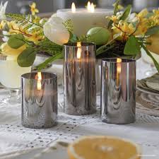 Grey Glass 7.5cm Diameter Real Wax LED Battery Candles Set with Remote